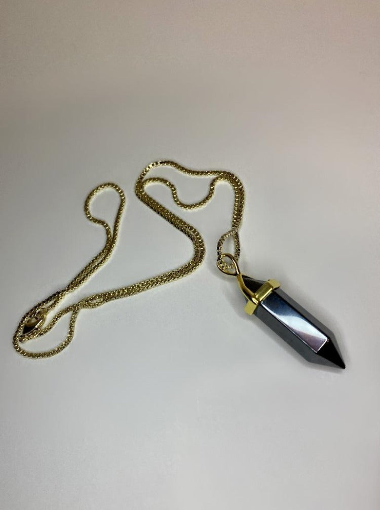 Polished Hematite crystal pendant 18k gold necklace