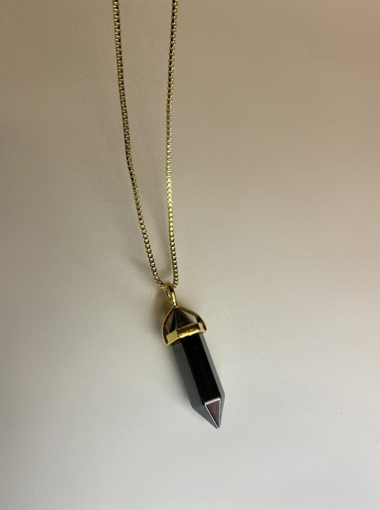 Polished Hematite crystal pendant 18k gold necklace