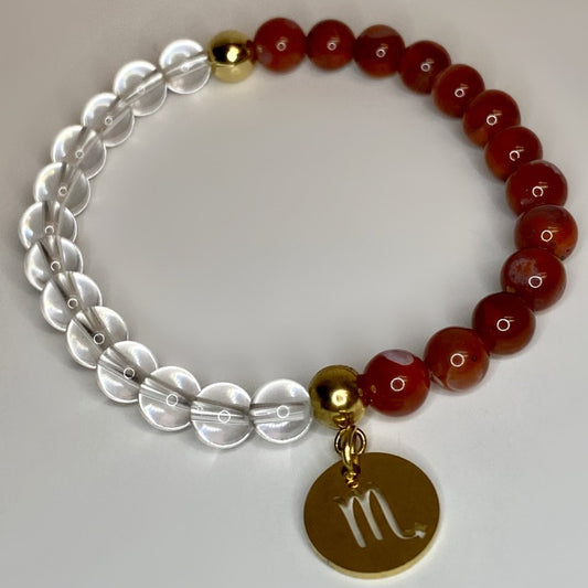 6mm round clear quartz crystal and natural red carnelian with 14k gold accent bracelet