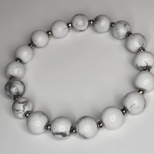 8mm Howlite bracelet with gold or silver plated hematite accent beads