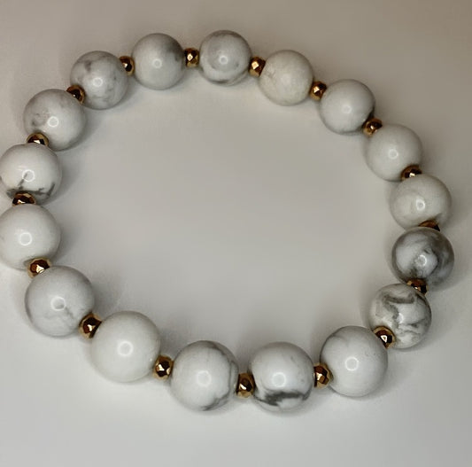 8mm Howlite bracelet with gold or silver plated hematite accent beads
