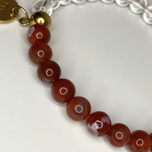 6mm round clear quartz crystal and natural red carnelian with 14k gold accent bracelet