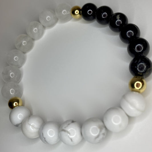 8mm Howlite, Black tourmaline and Angola quartz crystal bracelet with gold accent