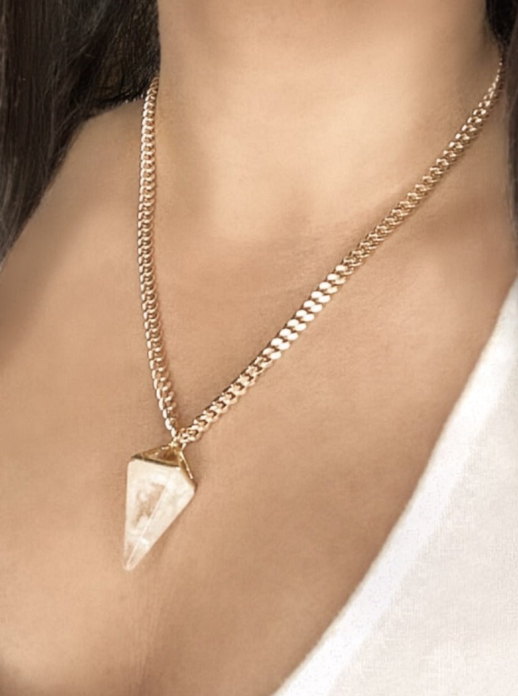 Quartz crystal pyramid pendant necklace with 18k gold filled cuban chain