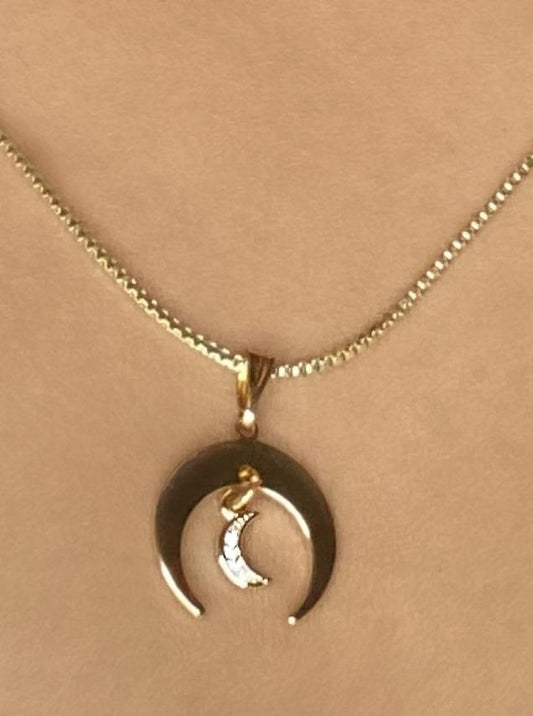 cubic zirconia crescent moon 14k gold box chain necklace