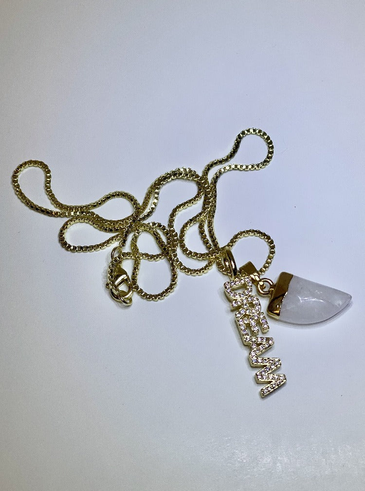 Quartz crystal tusk and cubic zirconia Dream pendant 14k gold chain necklace