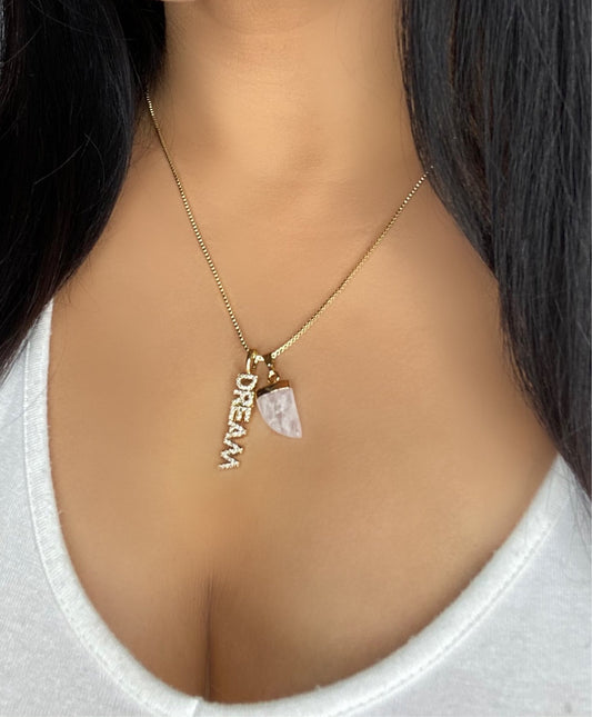 Quartz crystal tusk and cubic zirconia Dream pendant 14k gold chain necklace